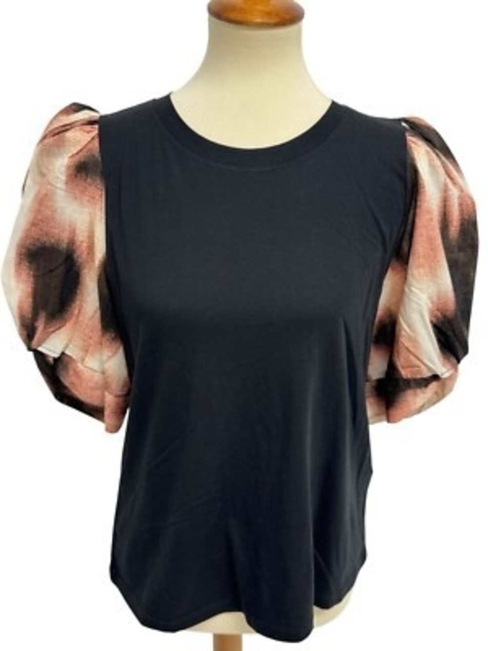 DKNY Black Top with Pink and Black Tie-Dye Puff Sleeves